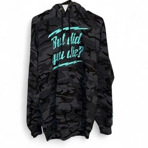 Black Camouflage Hoodie with Teal Print